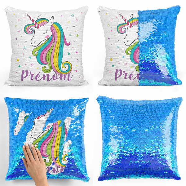 coussin pillow mermaid à sequin magique enfant reversible et personnalisable avec motif licorne étoiles de couleur bleu nacré