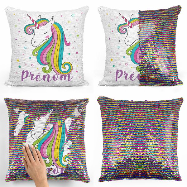 coussin pillow mermaid à sequin magique enfant reversible et personnalisable avec motif licorne étoiles de couleur multicolore