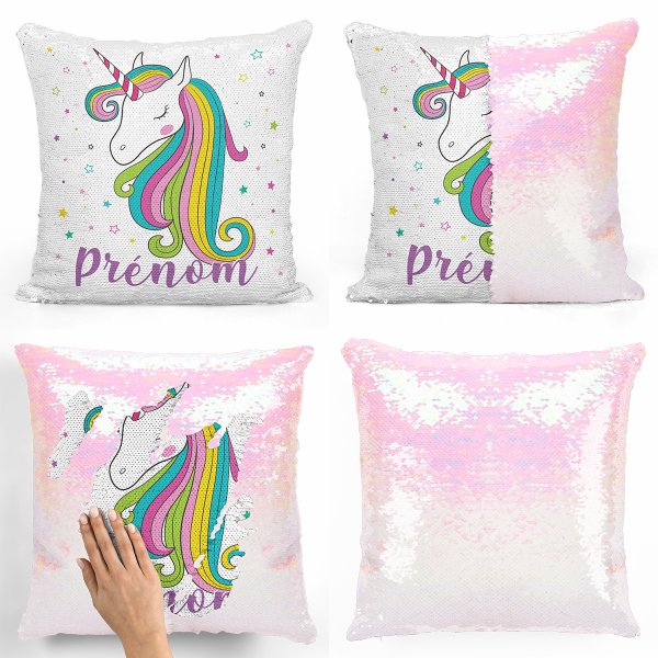 coussin pillow mermaid à sequin magique enfant reversible et personnalisable avec motif licorne étoiles de couleur blanc nacré