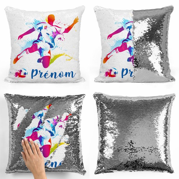 coussin pillow mermaid à sequin magique enfant reversible et personnalisable avec motif joueur de foot de couleur argent