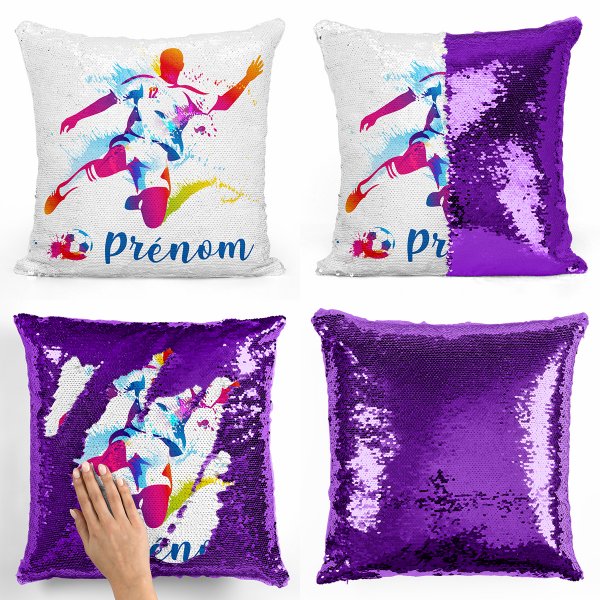 coussin pillow mermaid à sequin magique enfant reversible et personnalisable avec motif joueur de foot de couleur violet