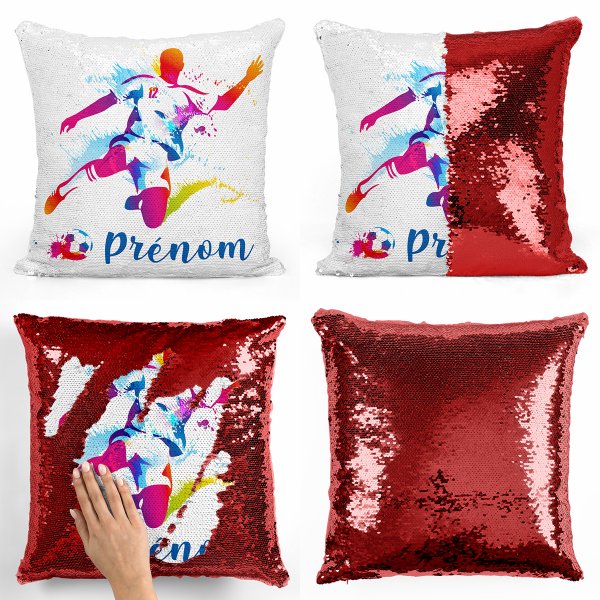 coussin pillow mermaid à sequin magique enfant reversible et personnalisable avec motif joueur de foot de couleur rouge