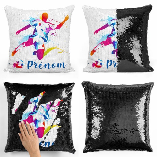 coussin pillow mermaid à sequin magique enfant reversible et personnalisable avec motif joueur de foot de couleur noir