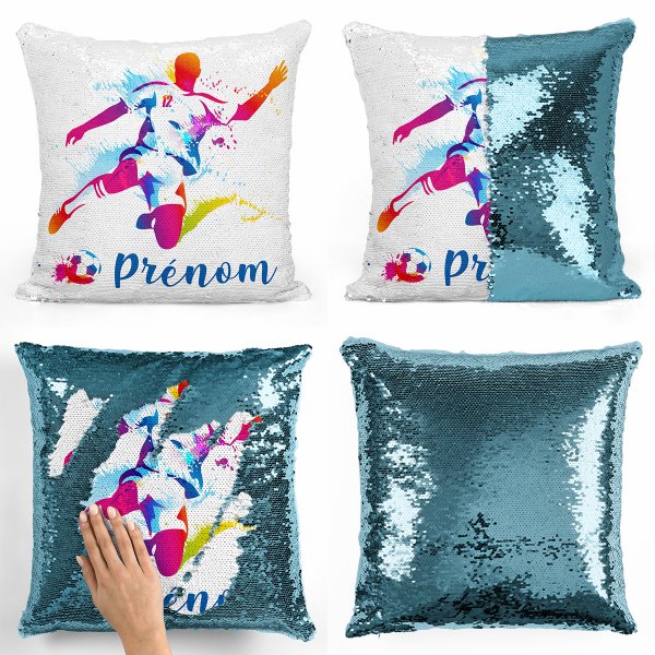 coussin pillow mermaid à sequin magique enfant reversible et personnalisable avec motif joueur de foot de couleur bleu clair