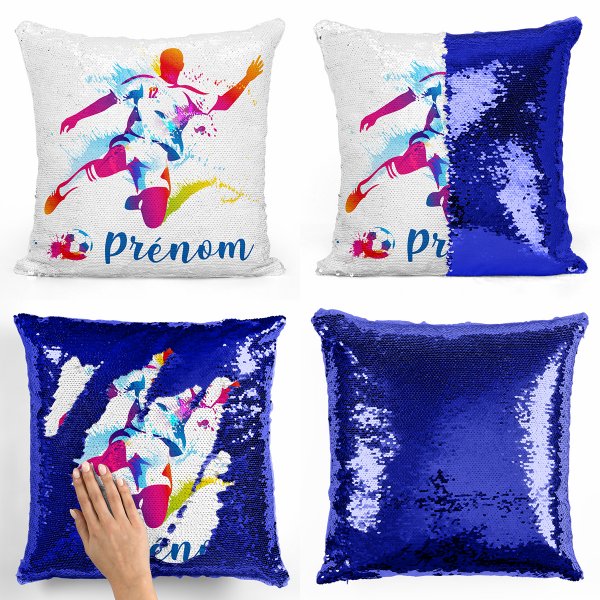 coussin pillow mermaid à sequin magique enfant reversible et personnalisable avec motif joueur de foot de couleur bleu foncé