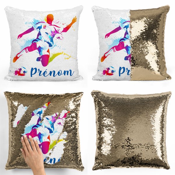 coussin pillow mermaid à sequin magique enfant reversible et personnalisable avec motif joueur de foot de couleur or doré