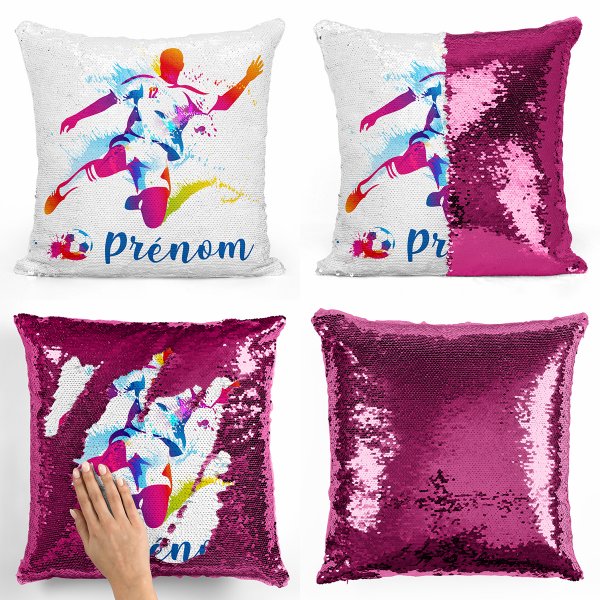 coussin pillow mermaid à sequin magique enfant reversible et personnalisable avec motif joueur de foot de couleur fushia