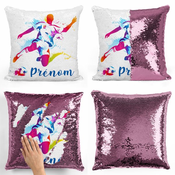 coussin pillow mermaid à sequin magique enfant reversible et personnalisable avec motif joueur de foot de couleur rose clair