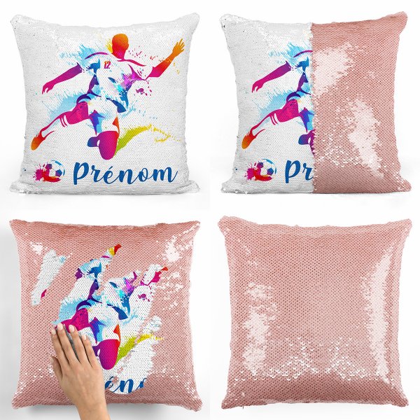 coussin pillow mermaid à sequin magique enfant reversible et personnalisable avec motif joueur de foot de couleur saumon