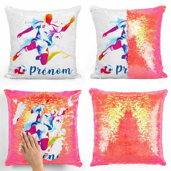 coussin pillow mermaid à sequin magique enfant reversible et personnalisable avec motif joueur de foot de couleur orange nacré