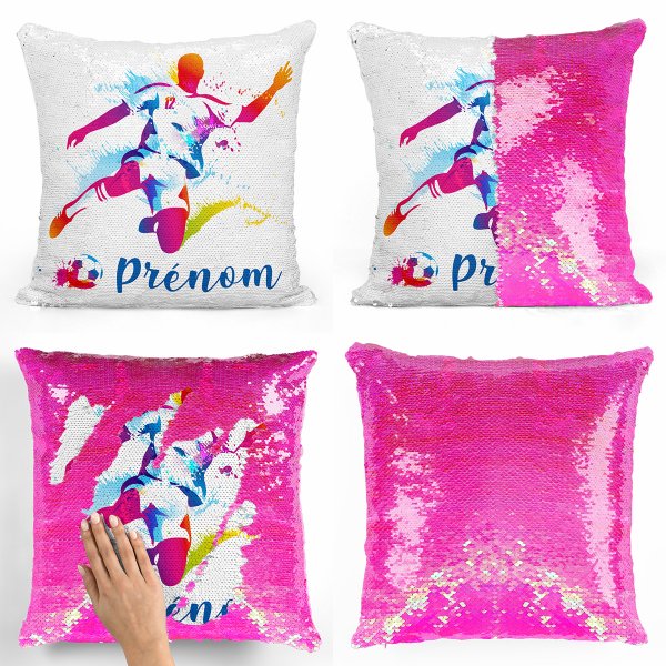 coussin pillow mermaid à sequin magique enfant reversible et personnalisable avec motif joueur de foot de couleur rose nacré