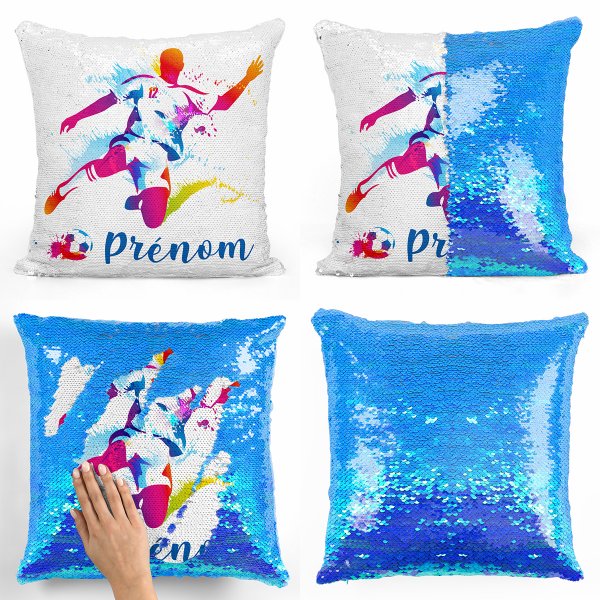 coussin pillow mermaid à sequin magique enfant reversible et personnalisable avec motif joueur de foot de couleur bleu nacré