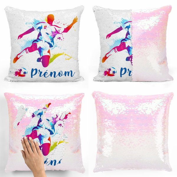 coussin pillow mermaid à sequin magique enfant reversible et personnalisable avec motif joueur de foot de couleur blanc nacré