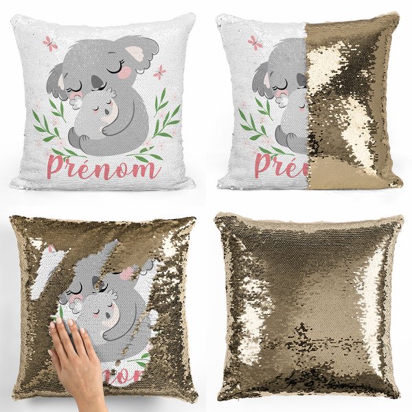 coussin pillow mermaid à sequin magique enfant reversible et personnalisable avec motif koalas de couleur or doré