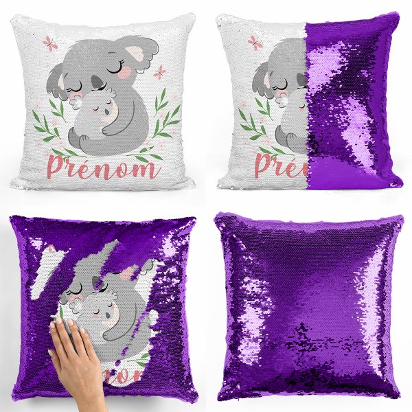 coussin pillow mermaid à sequin magique enfant reversible et personnalisable avec motif koalas de couleur violet