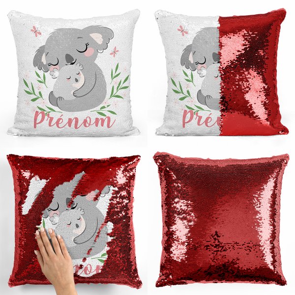 coussin pillow mermaid à sequin magique enfant reversible et personnalisable avec motif koalas de couleur rouge