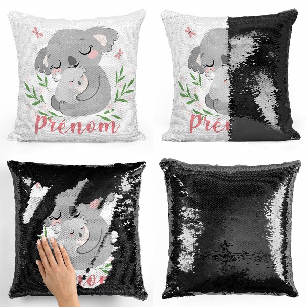 coussin pillow mermaid à sequin magique enfant reversible et personnalisable avec motif koalas de couleur noir