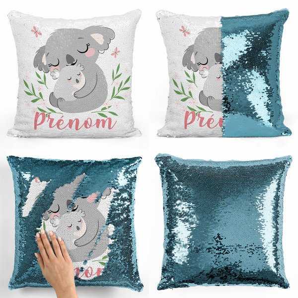 coussin pillow mermaid à sequin magique enfant reversible et personnalisable avec motif koalas de couleur bleu clair