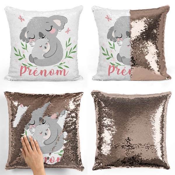 coussin pillow mermaid à sequin magique enfant reversible et personnalisable avec motif koalas de couleur champagne