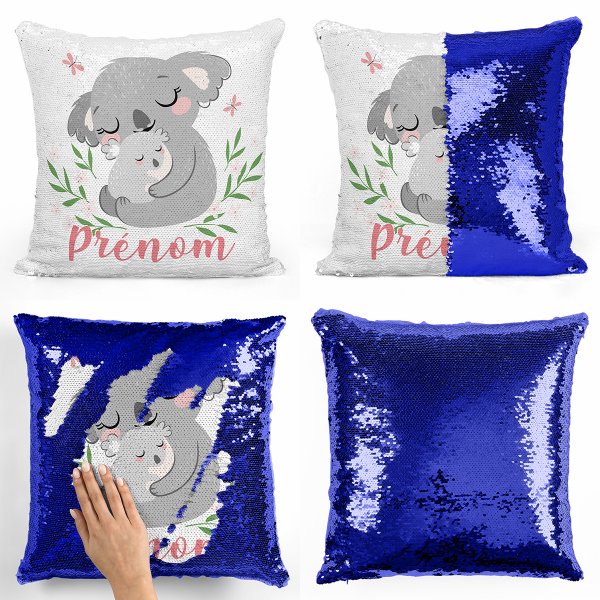 coussin pillow mermaid à sequin magique enfant reversible et personnalisable avec motif koalas de couleur bleu foncé