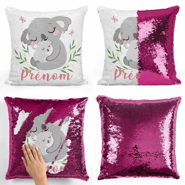 coussin pillow mermaid à sequin magique enfant reversible et personnalisable avec motif koalas de couleur fushia