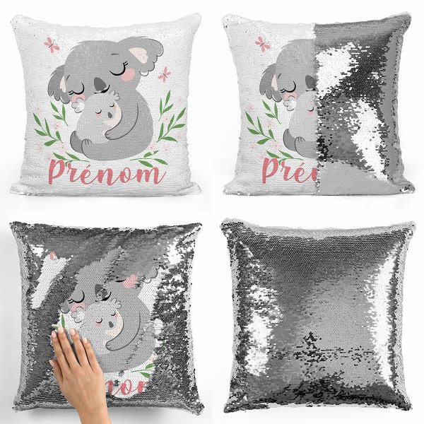 coussin pillow mermaid à sequin magique enfant reversible et personnalisable avec motif koalas de couleur argent