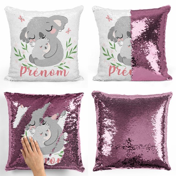 coussin pillow mermaid à sequin magique enfant reversible et personnalisable avec motif koalas de couleur rose clair