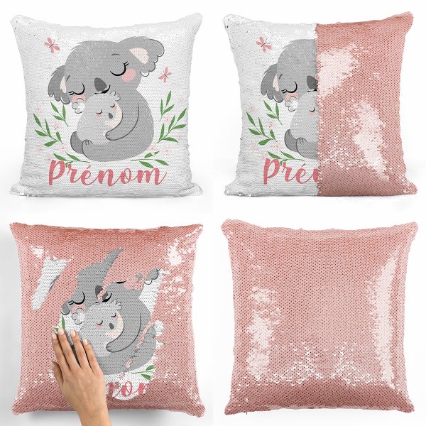 coussin pillow mermaid à sequin magique enfant reversible et personnalisable avec motif koalas de couleur saumon