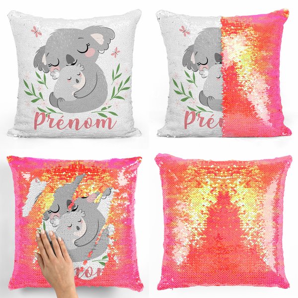 coussin pillow mermaid à sequin magique enfant reversible et personnalisable avec motif koalas de couleur orange nacré