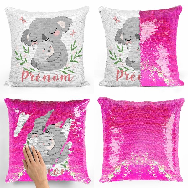 coussin pillow mermaid à sequin magique enfant reversible et personnalisable avec motif koalas de couleur rose nacré