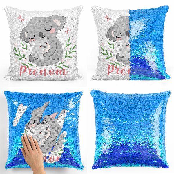 coussin pillow mermaid à sequin magique enfant reversible et personnalisable avec motif koalas de couleur bleu nacré