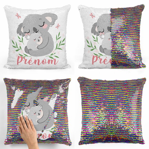 coussin pillow mermaid à sequin magique enfant reversible et personnalisable avec motif koalas de couleur multicolore