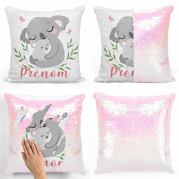 coussin pillow mermaid à sequin magique enfant reversible et personnalisable avec motif koalas de couleur blanc nacré