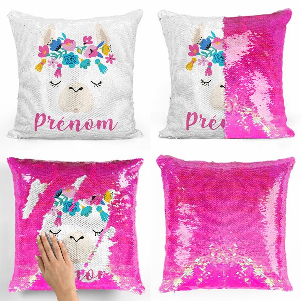 coussin pillow mermaid à sequin magique enfant reversible et personnalisable avec motif lama de couleur rose nacré