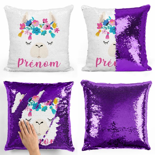 coussin pillow mermaid à sequin magique enfant reversible et personnalisable avec motif lama de couleur violet