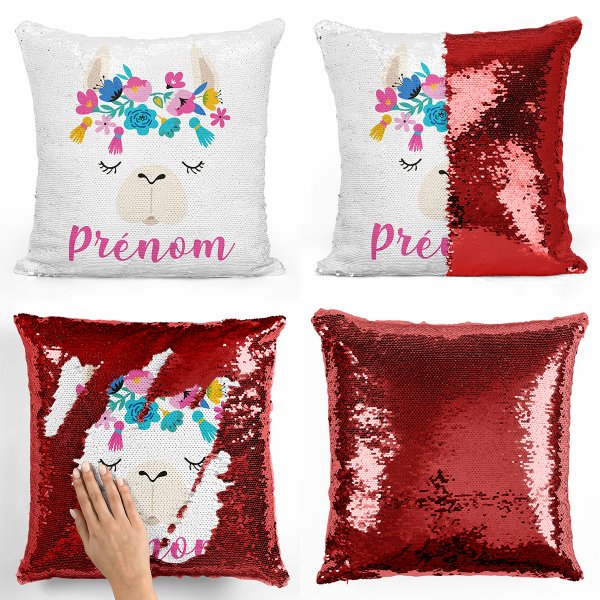 coussin pillow mermaid à sequin magique enfant reversible et personnalisable avec motif lama de couleur rouge