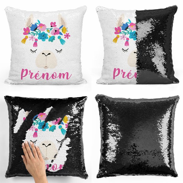 coussin pillow mermaid à sequin magique enfant reversible et personnalisable avec motif lama de couleur noir