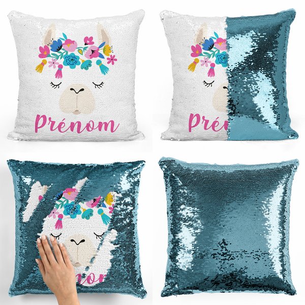 coussin pillow mermaid à sequin magique enfant reversible et personnalisable avec motif lama de couleur bleu clair