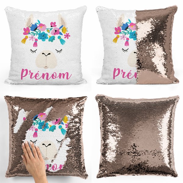 coussin pillow mermaid à sequin magique enfant reversible et personnalisable avec motif lama de couleur champagne