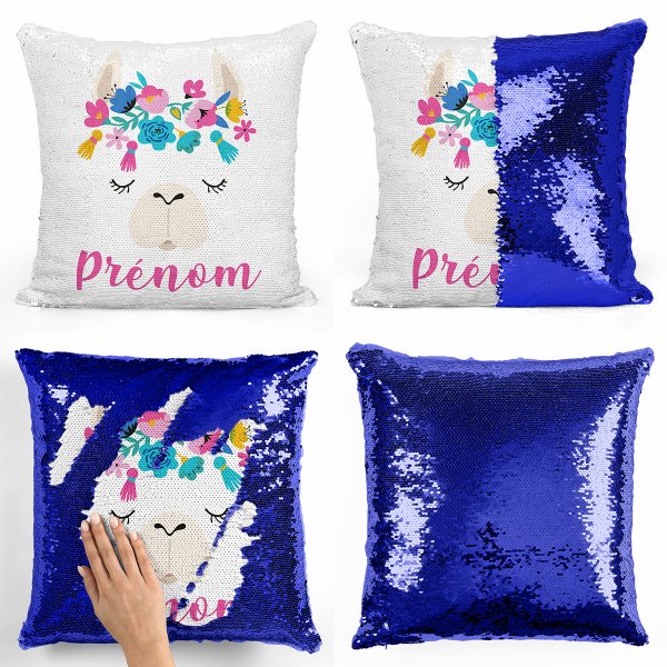 coussin pillow mermaid à sequin magique enfant reversible et personnalisable avec motif lama de couleur bleu foncé