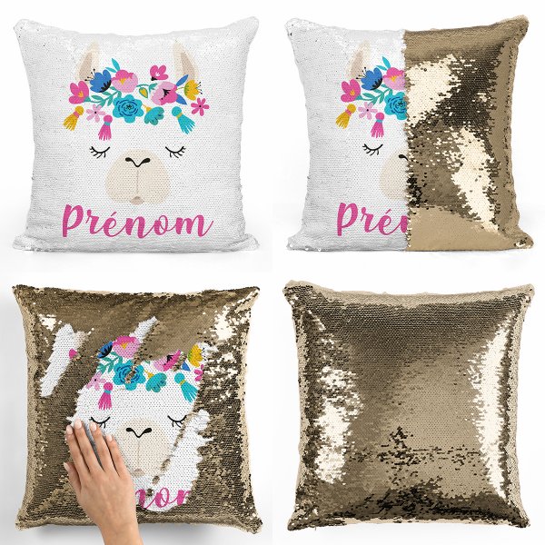 coussin pillow mermaid à sequin magique enfant reversible et personnalisable avec motif lama de couleur or doré