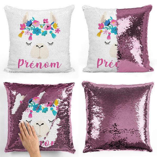 coussin pillow mermaid à sequin magique enfant reversible et personnalisable avec motif lama de couleur rose clair