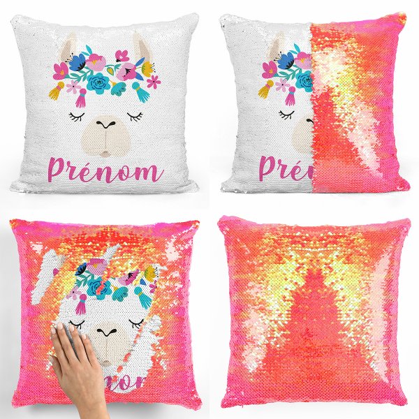 coussin pillow mermaid à sequin magique enfant reversible et personnalisable avec motif lama de couleur orange nacrépillow mermaid à sequin magique reversible et personnalisable avec motif lama de couleur orange nacré