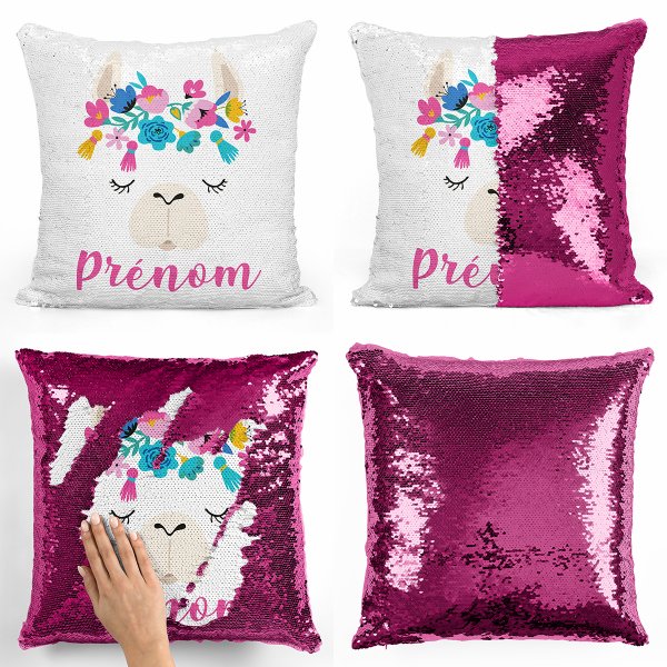 coussin pillow mermaid à sequin magique enfant reversible et personnalisable avec motif lama de couleur fushia