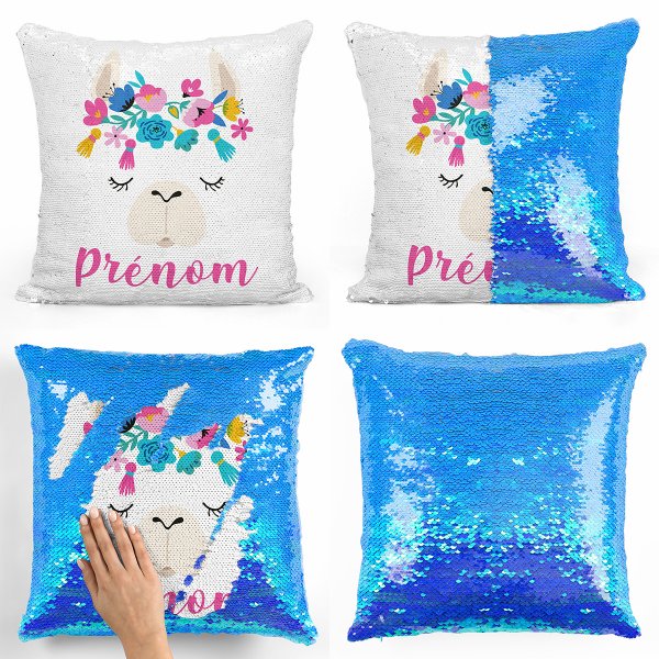 coussin pillow mermaid à sequin magique enfant reversible et personnalisable avec motif lama de couleur bleu nacré