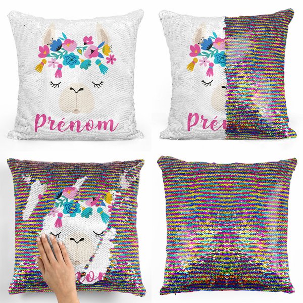 coussin pillow mermaid à sequin magique enfant reversible et personnalisable avec motif lama de couleur multicolore