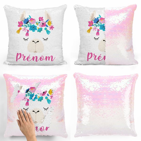 coussin pillow mermaid à sequin magique enfant reversible et personnalisable avec motif lama de couleur blanc nacré