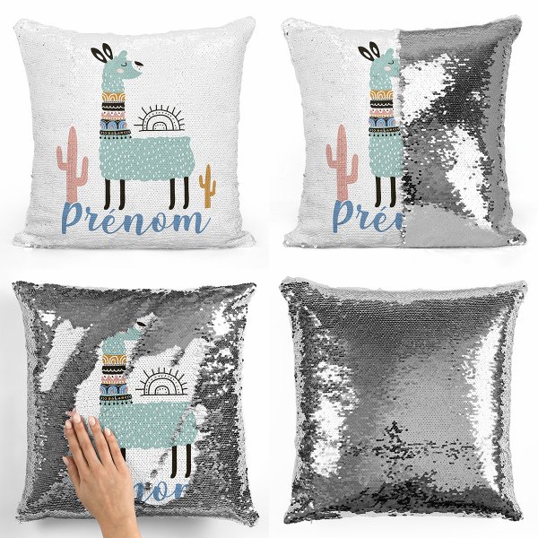 coussin pillow mermaid à sequin magique enfant reversible et personnalisable avec motif lama de couleur argent