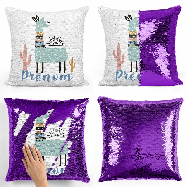 coussin pillow mermaid à sequin magique enfant reversible et personnalisable avec motif lama de couleur violet