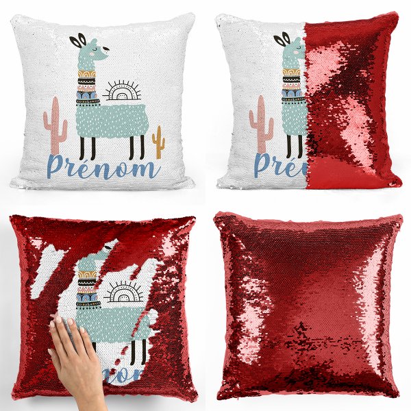 coussin pillow mermaid à sequin magique enfant reversible et personnalisable avec motif lama de couleur rouge